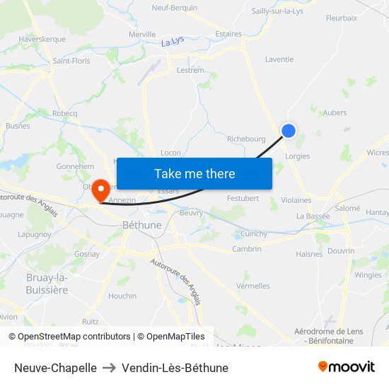 Neuve-Chapelle to Vendin-Lès-Béthune map