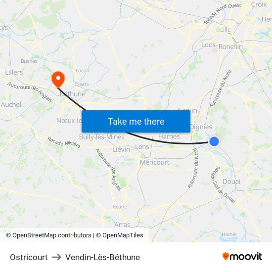 Ostricourt to Vendin-Lès-Béthune map
