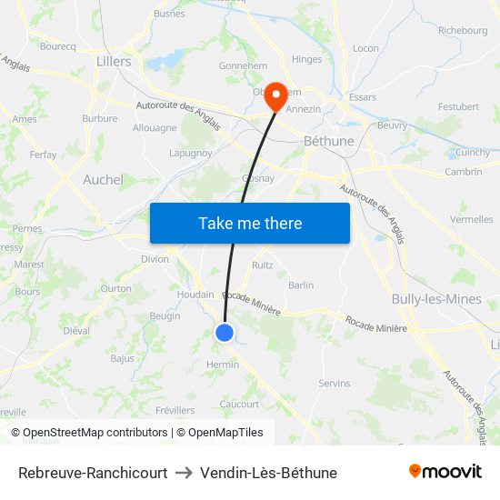 Rebreuve-Ranchicourt to Vendin-Lès-Béthune map