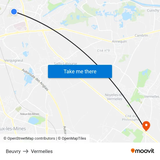 Beuvry to Vermelles map