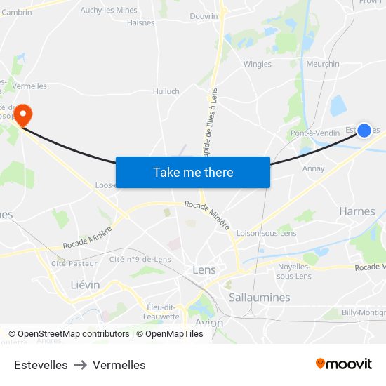 Estevelles to Vermelles map