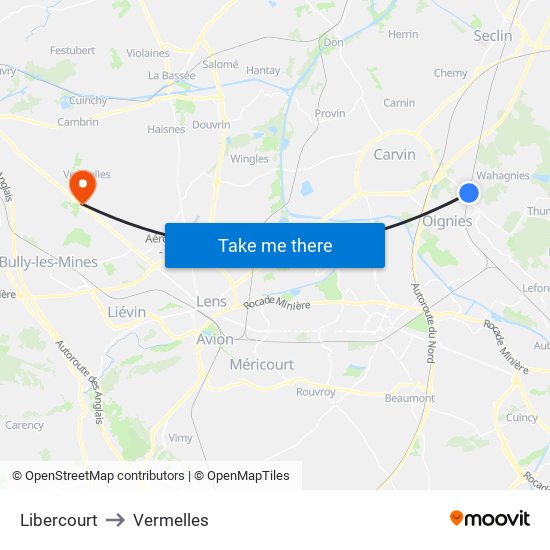 Libercourt to Vermelles map