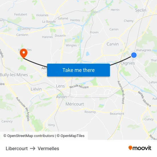 Libercourt to Vermelles map