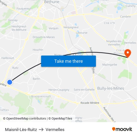 Maisnil-Lès-Ruitz to Vermelles map