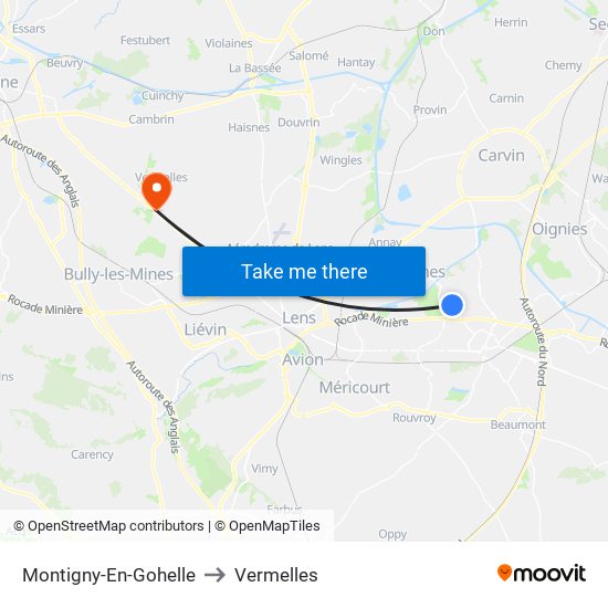 Montigny-En-Gohelle to Vermelles map