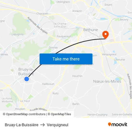 Bruay-La-Buissière to Verquigneul map