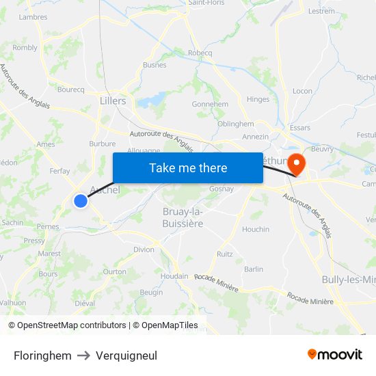 Floringhem to Verquigneul map