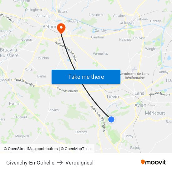 Givenchy-En-Gohelle to Verquigneul map