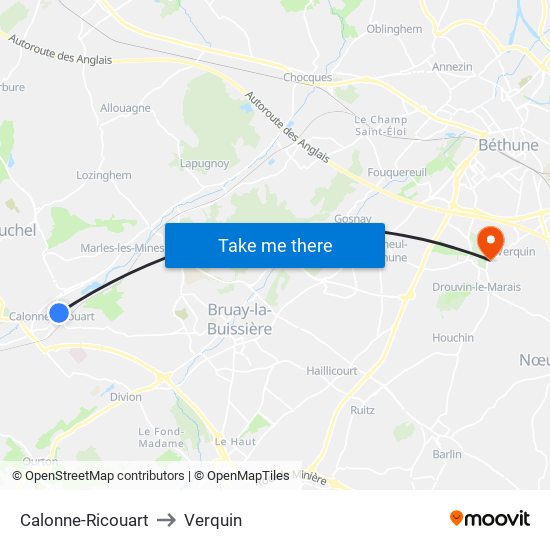 Calonne-Ricouart to Verquin map