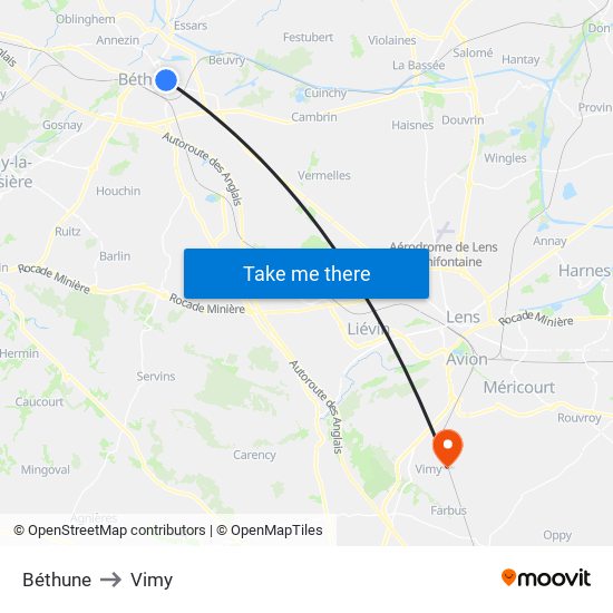 Béthune to Vimy map