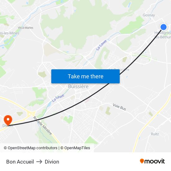 Bon Accueil to Divion map