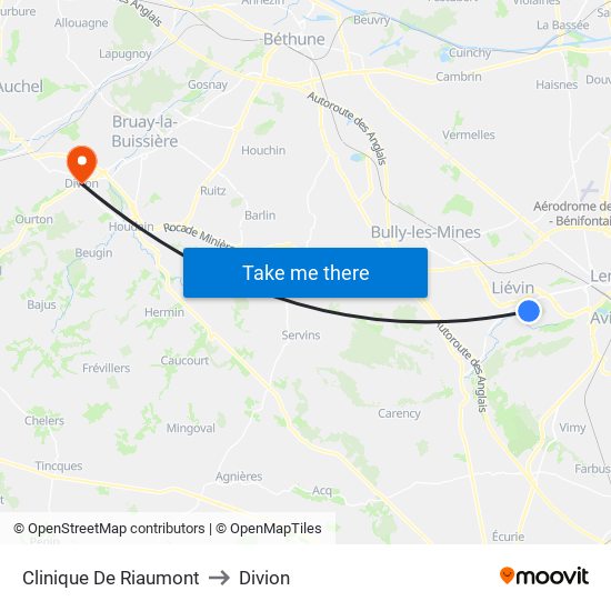 Clinique De Riaumont to Divion map