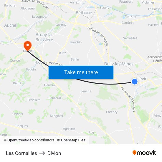 Les Cornailles to Divion map