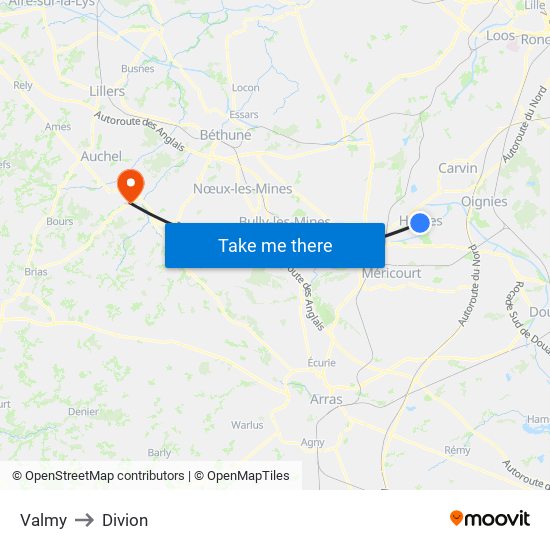 Valmy to Divion map