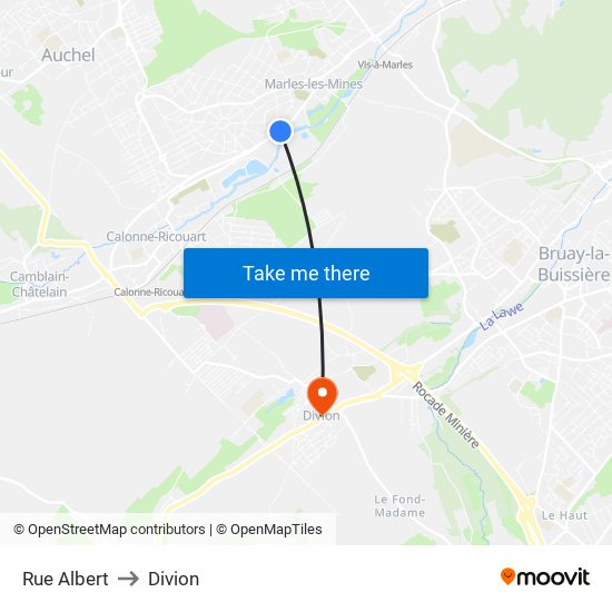 Rue Albert to Divion map