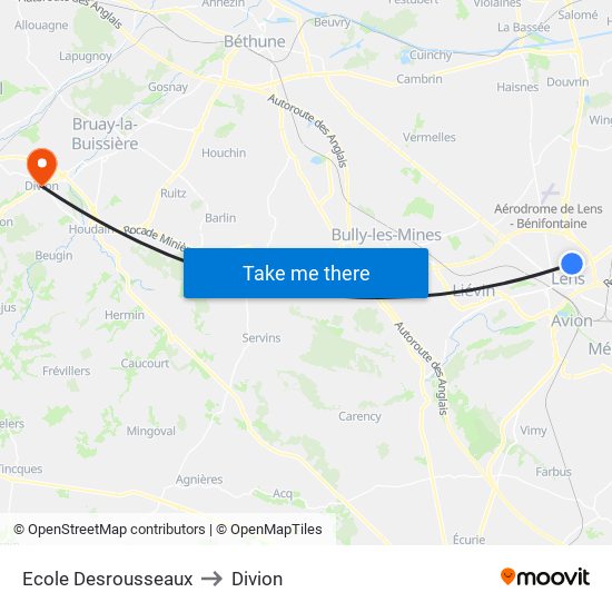 Ecole Desrousseaux to Divion map