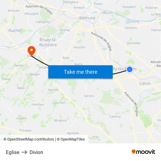 Eglise to Divion map