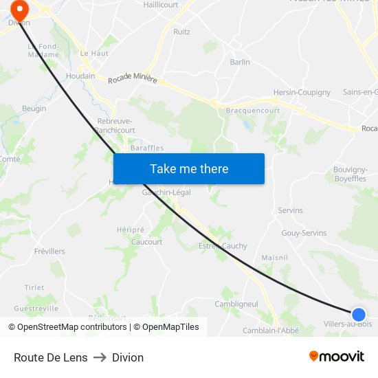 Route De Lens to Divion map