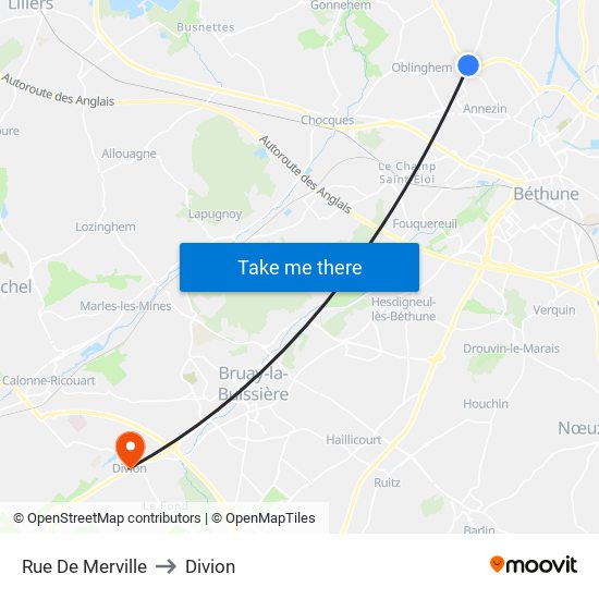 Rue De Merville to Divion map