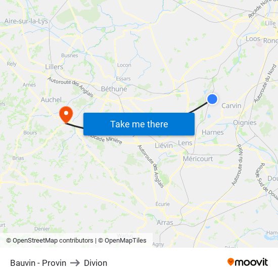 Bauvin - Provin to Divion map