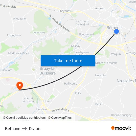 Béthune to Divion map
