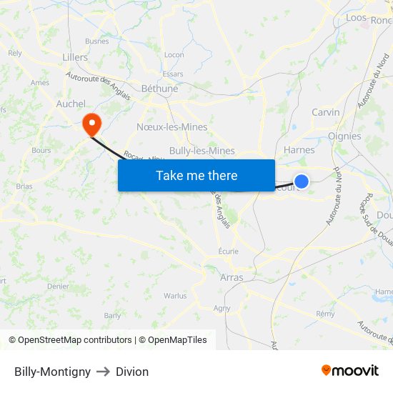 Billy-Montigny to Divion map