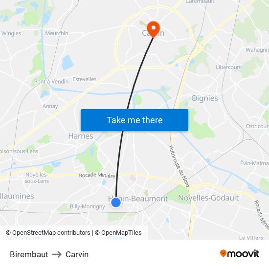 Birembaut to Carvin map