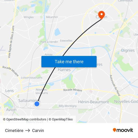 Cimetière to Carvin map