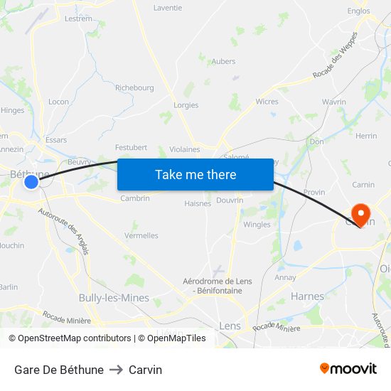 Gare De Béthune to Carvin map