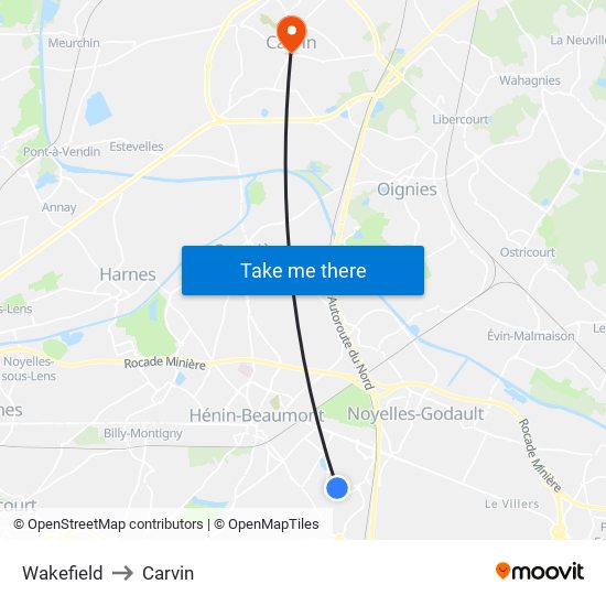 Wakefield to Carvin map