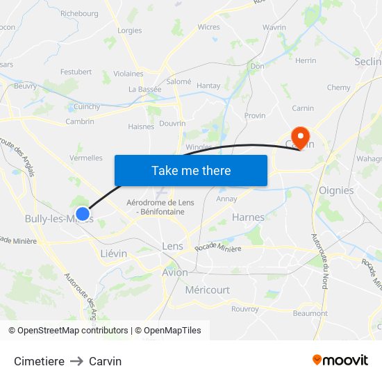 Cimetiere to Carvin map