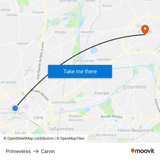 Primevères to Carvin map