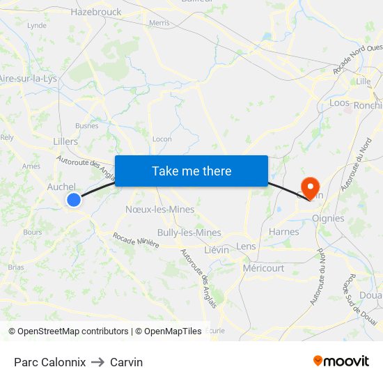 Parc Calonnix to Carvin map