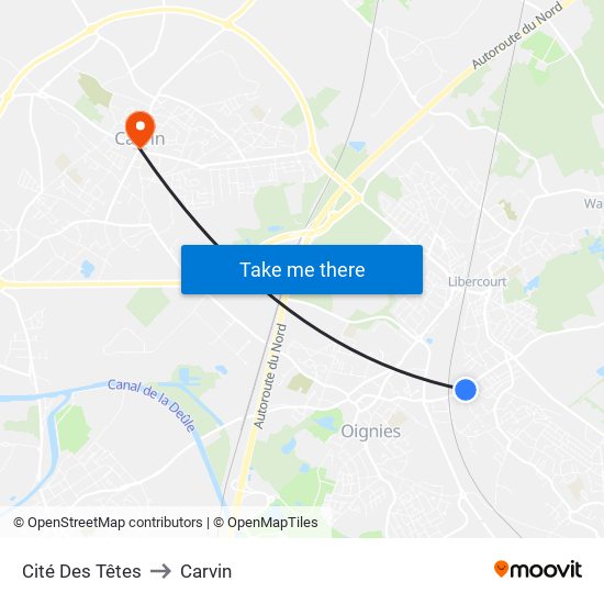 Cité Des Têtes to Carvin map