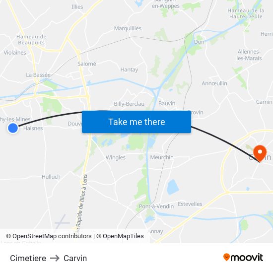 Cimetiere to Carvin map