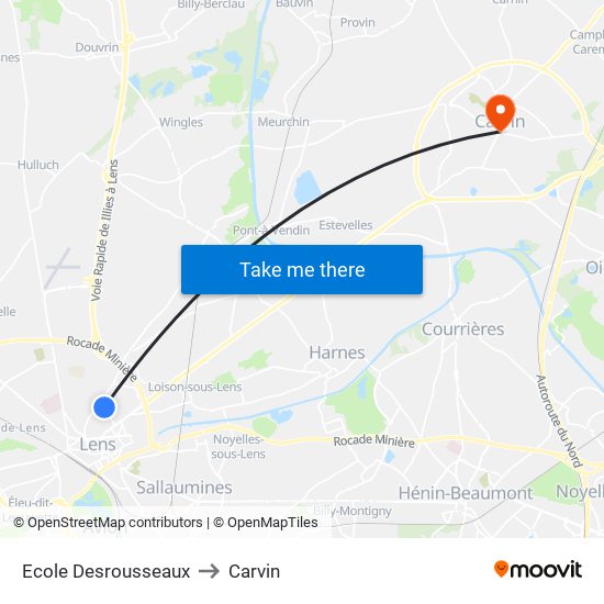 Ecole Desrousseaux to Carvin map