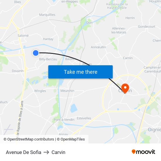 Avenue De Sofia to Carvin map