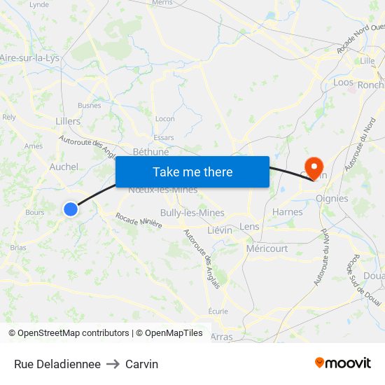 Rue Deladiennee to Carvin map