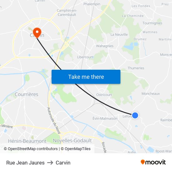 Rue Jean Jaures to Carvin map