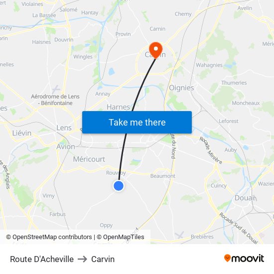 Route D'Acheville to Carvin map