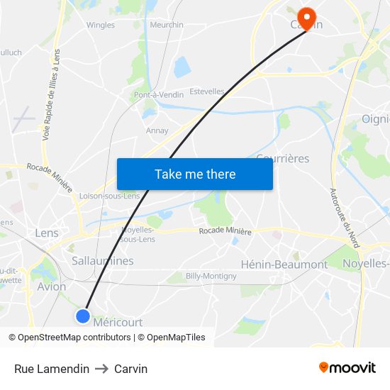 Rue Lamendin to Carvin map