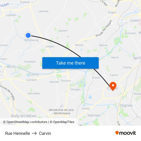 Rue Hennelle to Carvin map