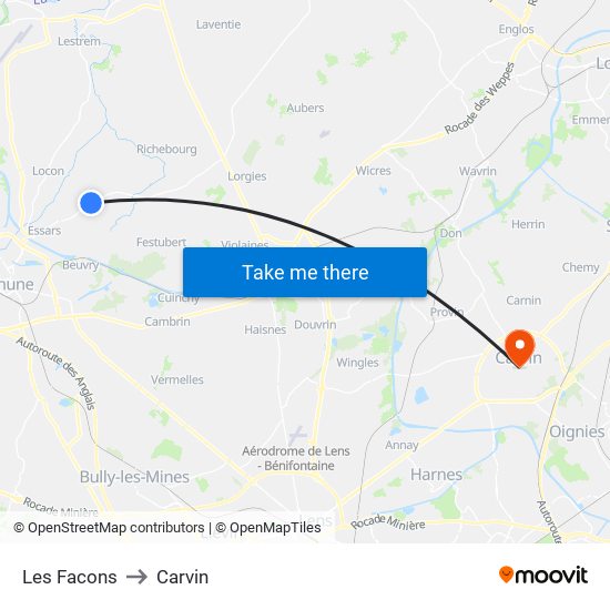 Les Facons to Carvin map