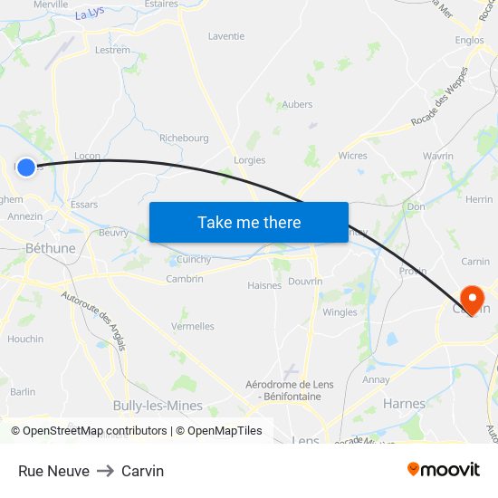 Rue Neuve to Carvin map