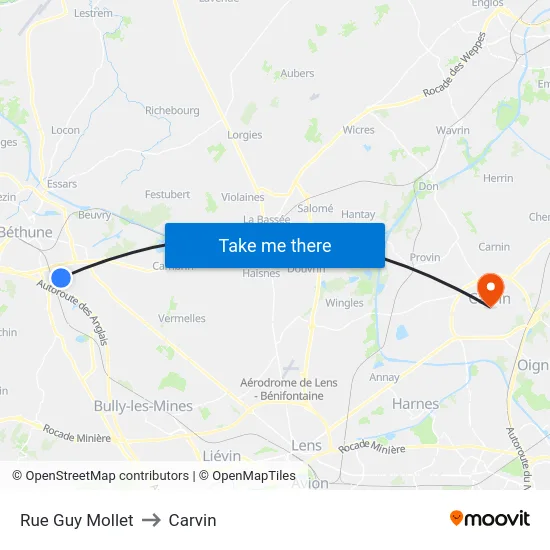 Rue Guy Mollet to Carvin map