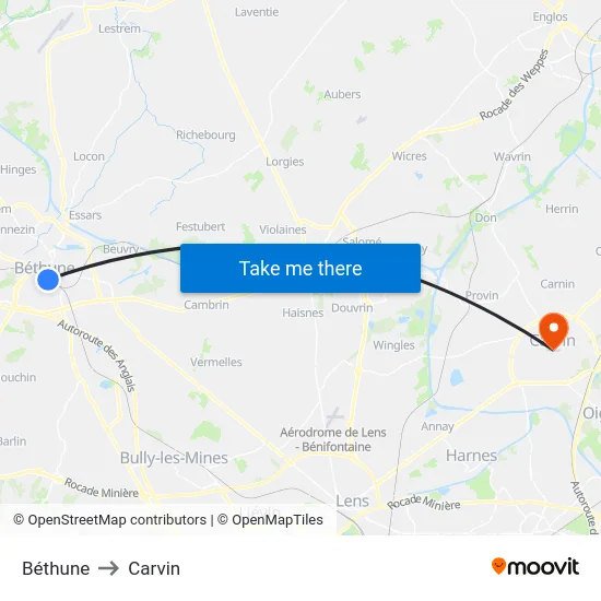 Béthune to Carvin map