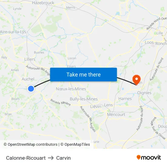 Calonne-Ricouart to Carvin map