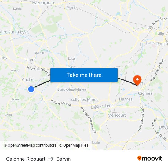 Calonne-Ricouart to Carvin map