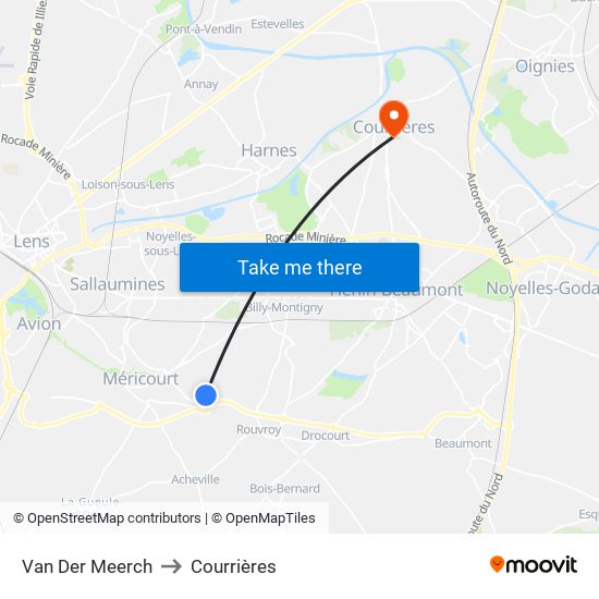 Van Der Meerch to Courrières map