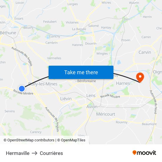 Hermaville to Courrières map